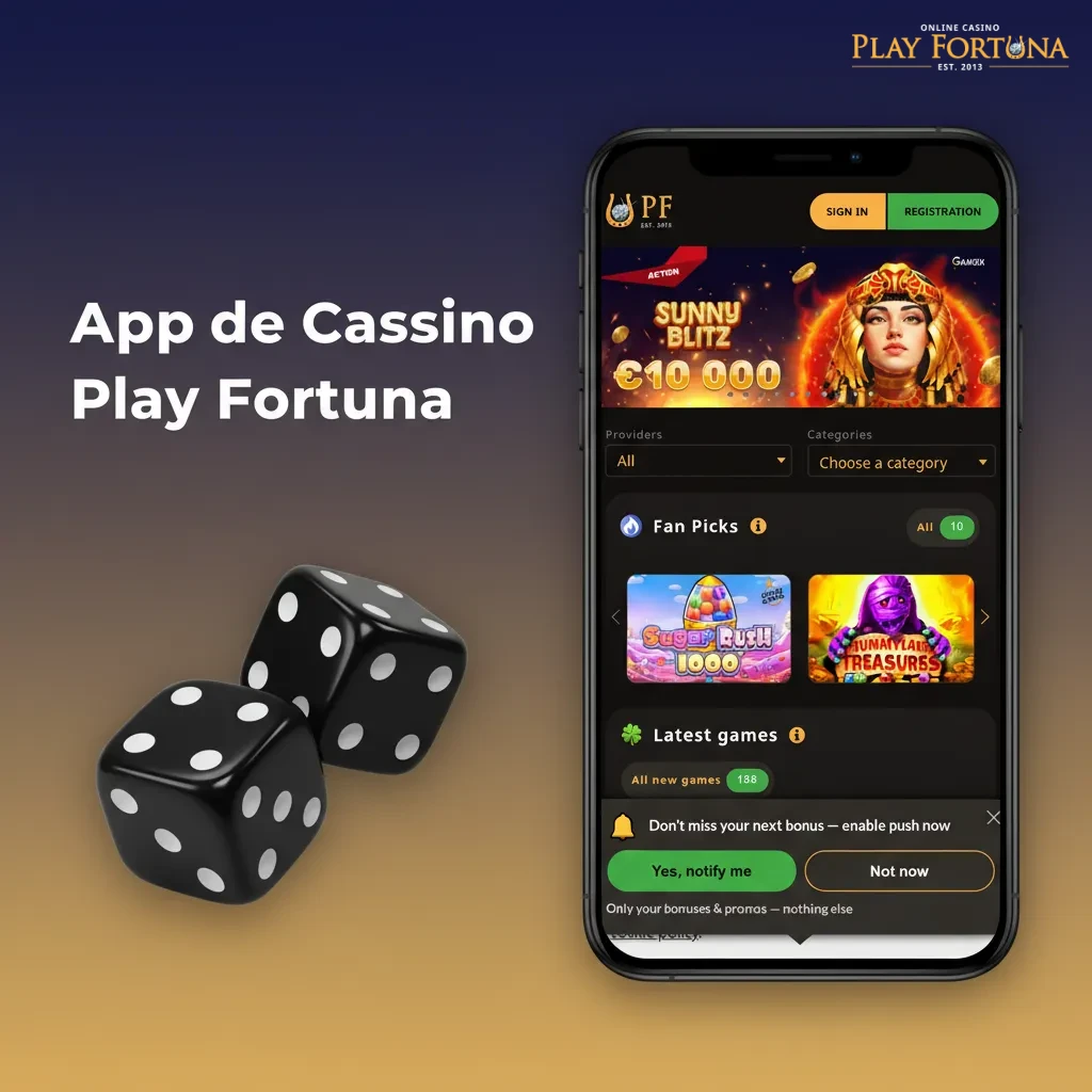 Tela do app Play Fortuna com abas Esportes e Cassino, slots, Live Casino com crupiês, eventos e promoções em destaque.