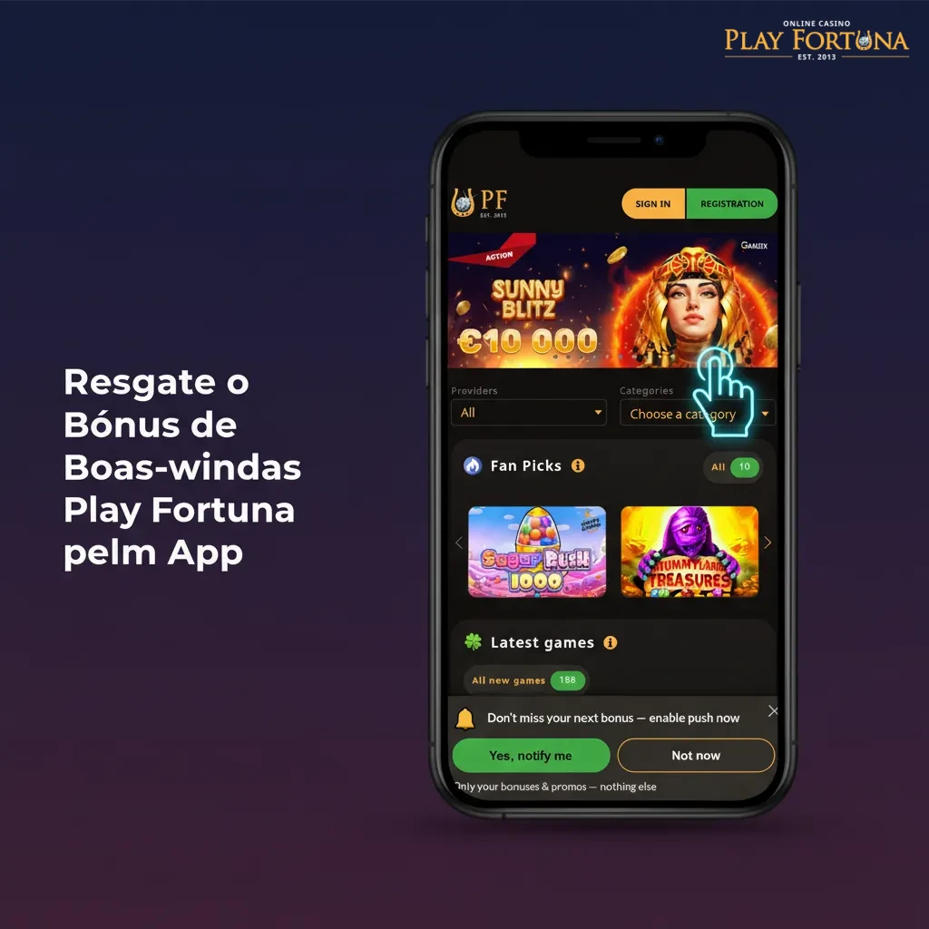 Smartphone com o app Play Fortuna mostrando resgate do bônus de boas‑vindas; disponível para Android e iOS.