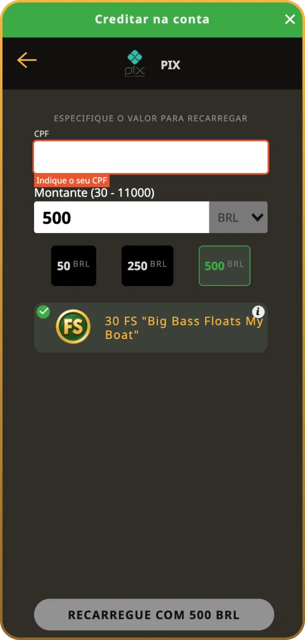 Realize um depósito para liberar seu bônus no App Play Fortuna.
