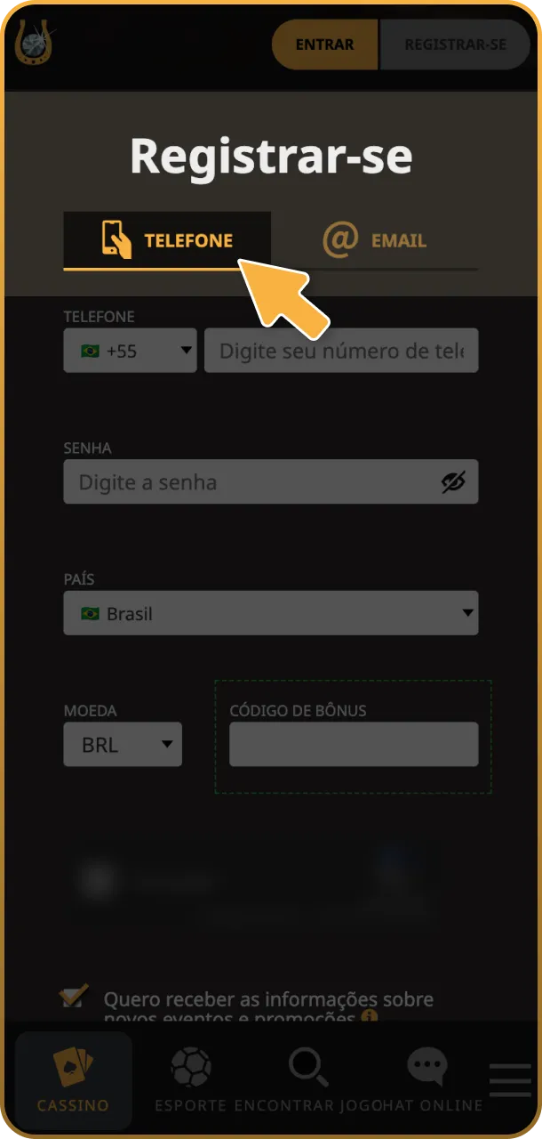 Escolha o método de registro dentro do App Play Fortuna oficial.