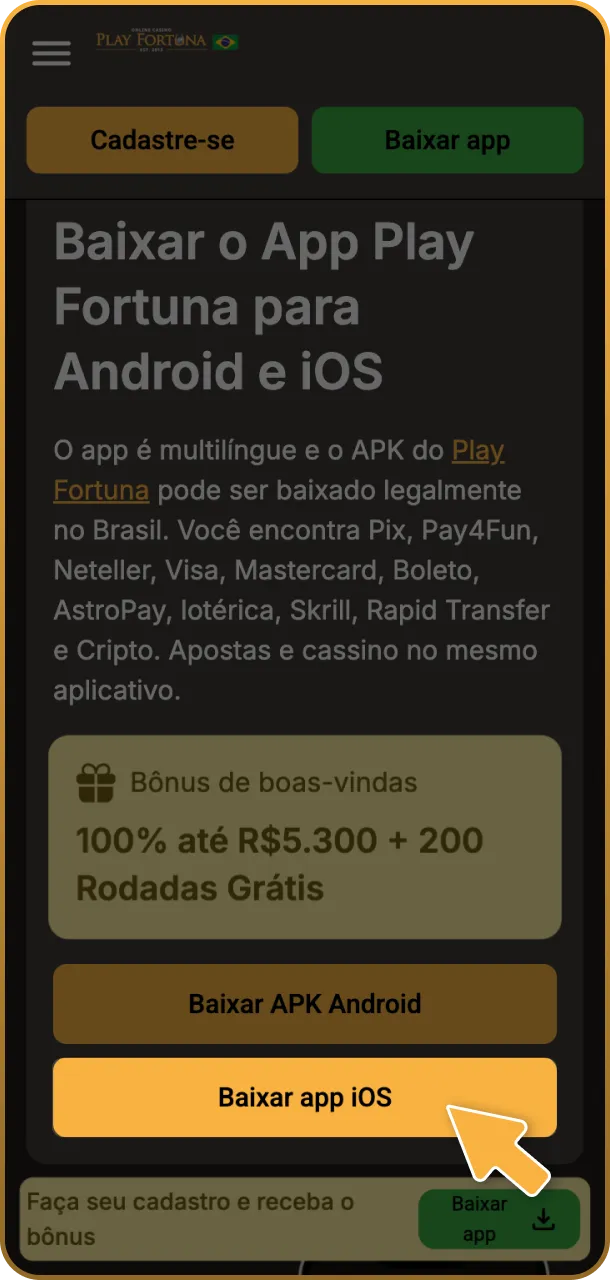 Clique no botão para baixar o App Play Fortuna no Android.