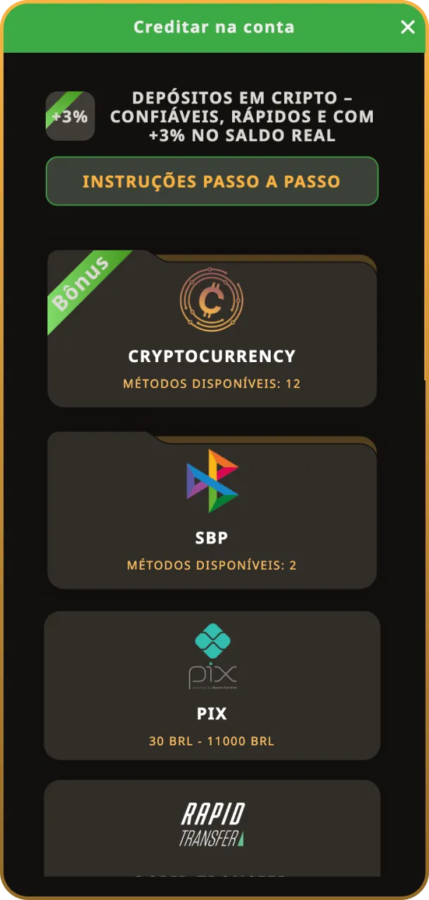 Escolha o seu método de pagamento preferido (como Pix) e realize um depósito inicial a partir de R$ 50.