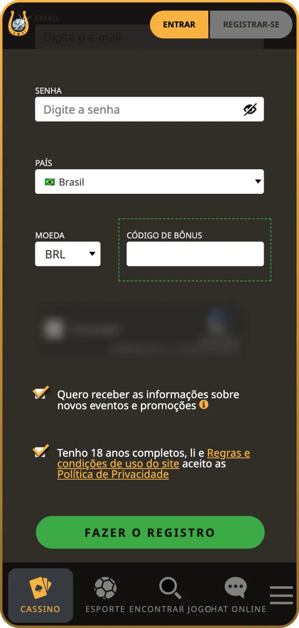 Clique no botão de registro e preencha o formulário para se tornar um membro oficial do cassino.